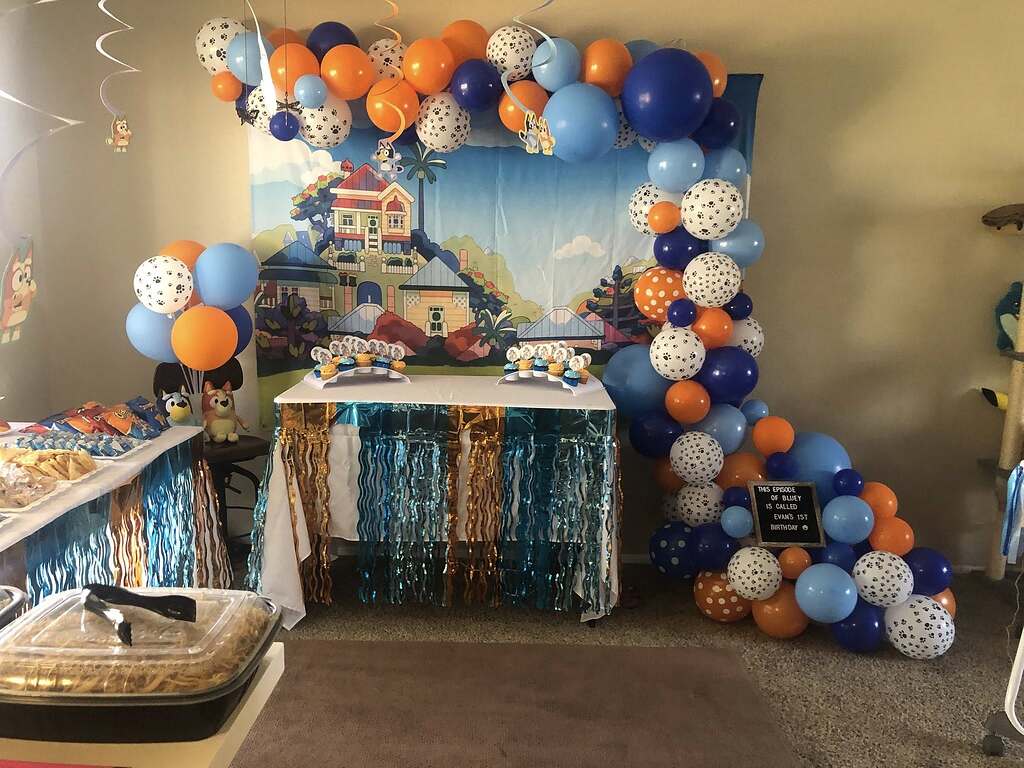 Bluey-themed first birthday party setup with a balloon arch and character backdrop