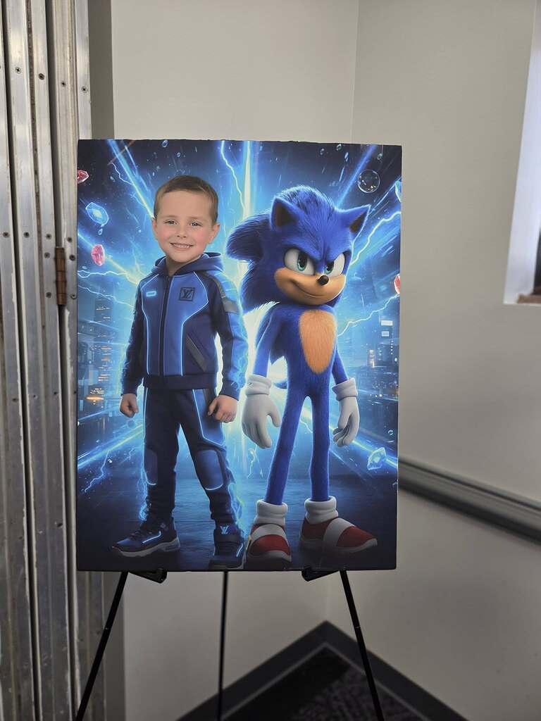 Custom portrait of a young boy posing next to Sonic the Hedgehog on an easel