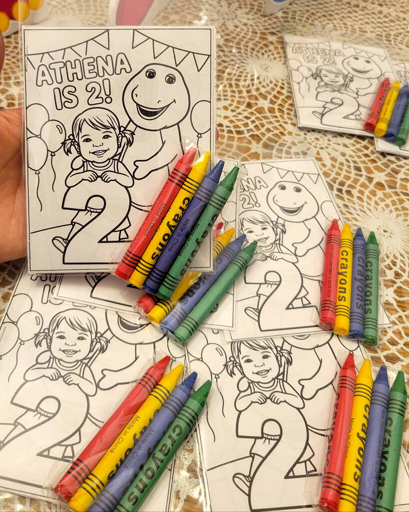 6 - Barney theme for a 2 year old girl - Personalized coloring book with crayons