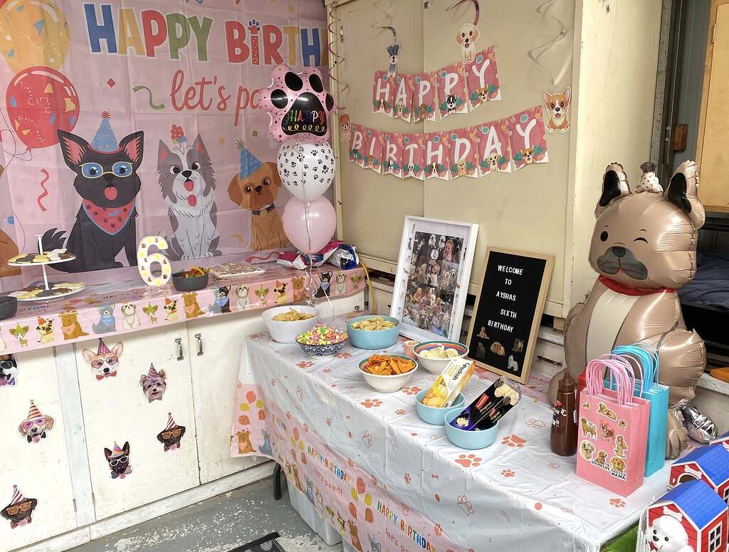 Dog-themed sixth birthday party setup with balloon decorations, snacks on a table, and a welcome sign.