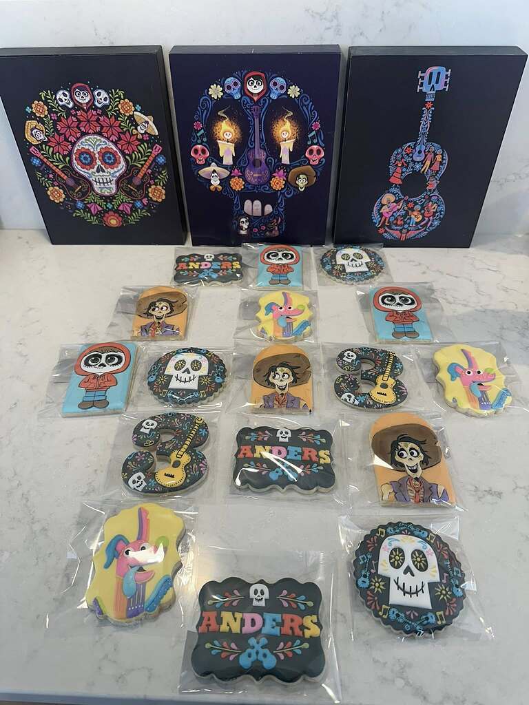 Coco-themed sugar cookies featuring characters and designs with personalized name tags for Anders