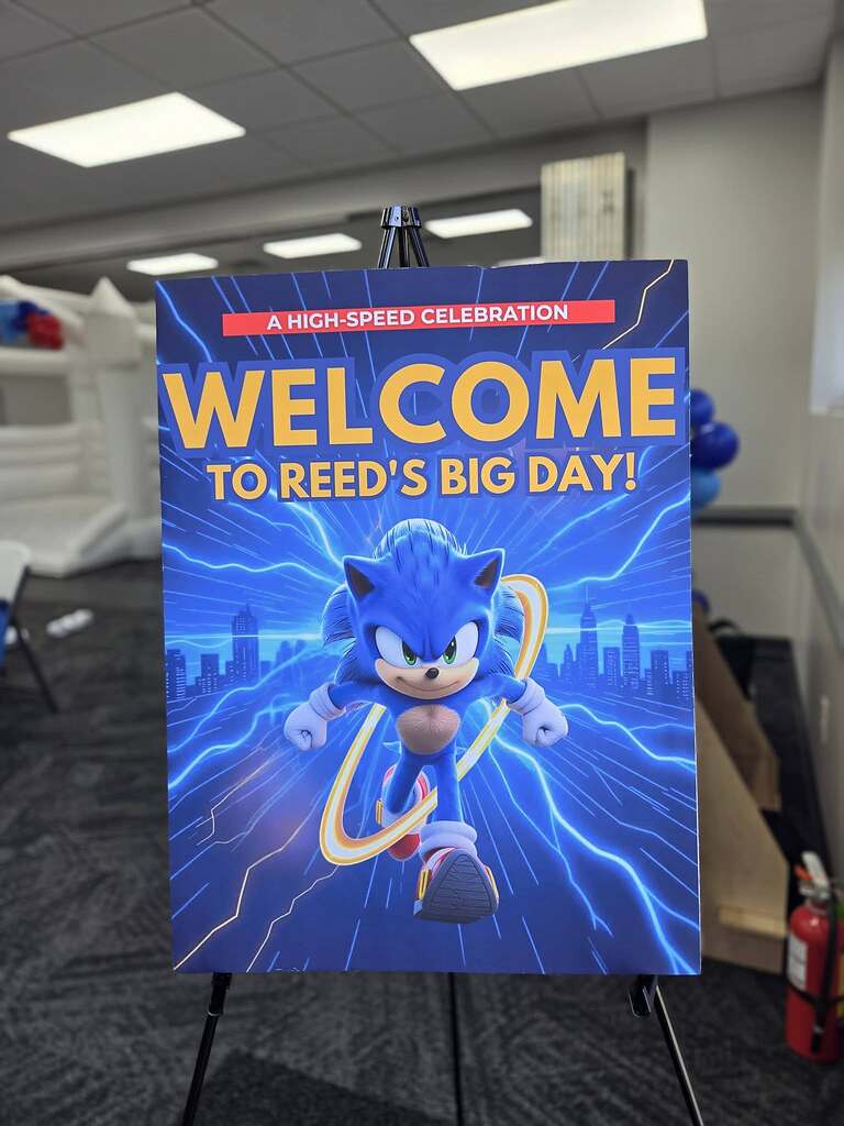 Sonic the Hedgehog welcome sign for Reeds birthday party on an easel