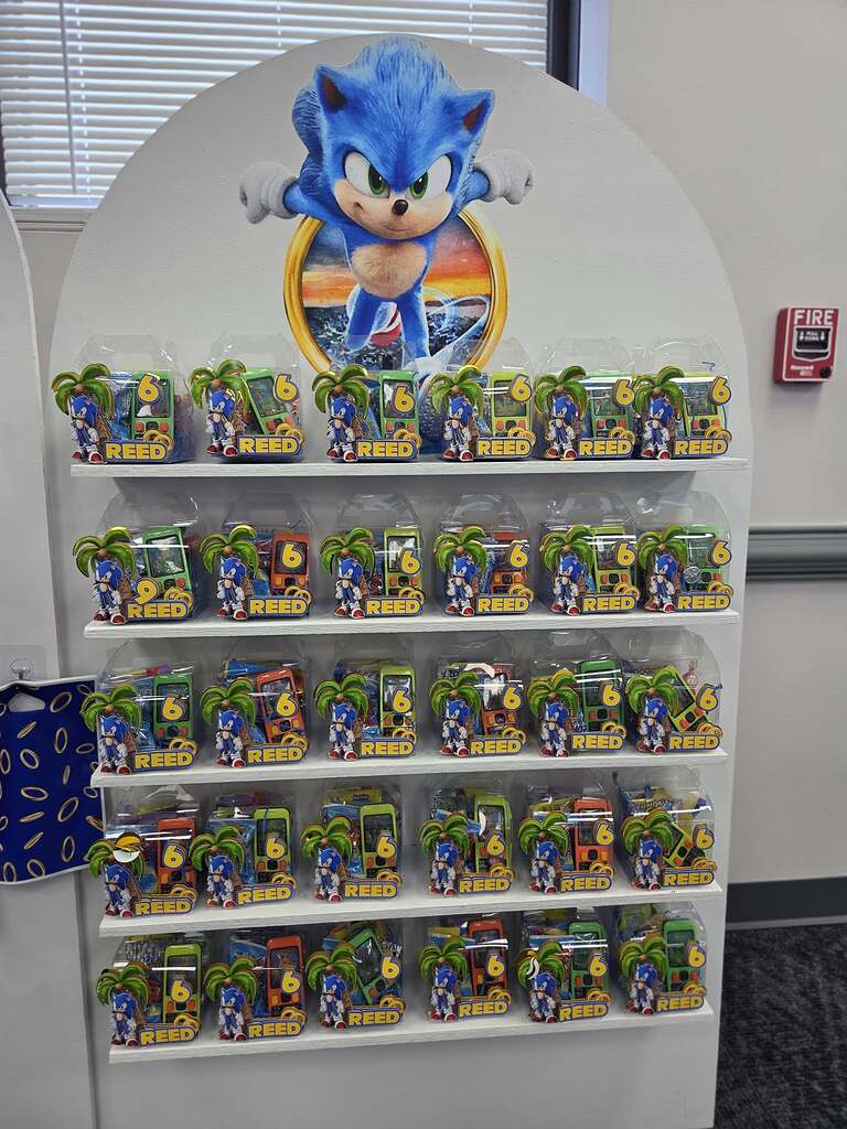 Retail display shelf featuring multiple packaged Sonic the Hedgehog toy sets labeled with the name Reed.