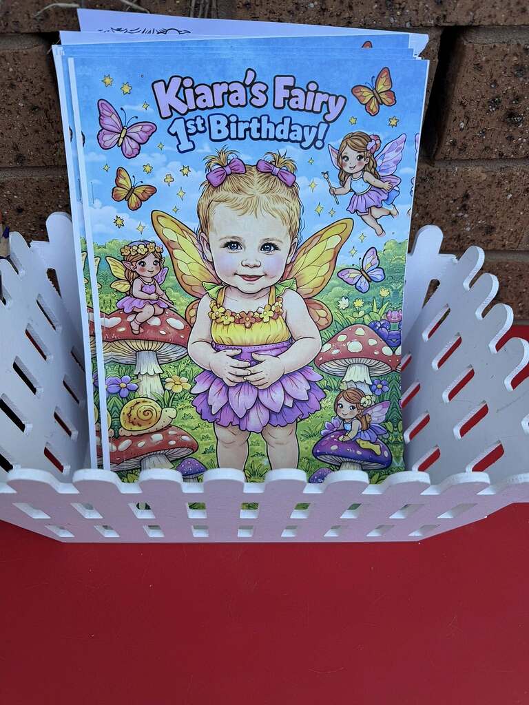 Personalized Kiara's Fairy 1st Birthday invitation cards in a white picket fence basket.