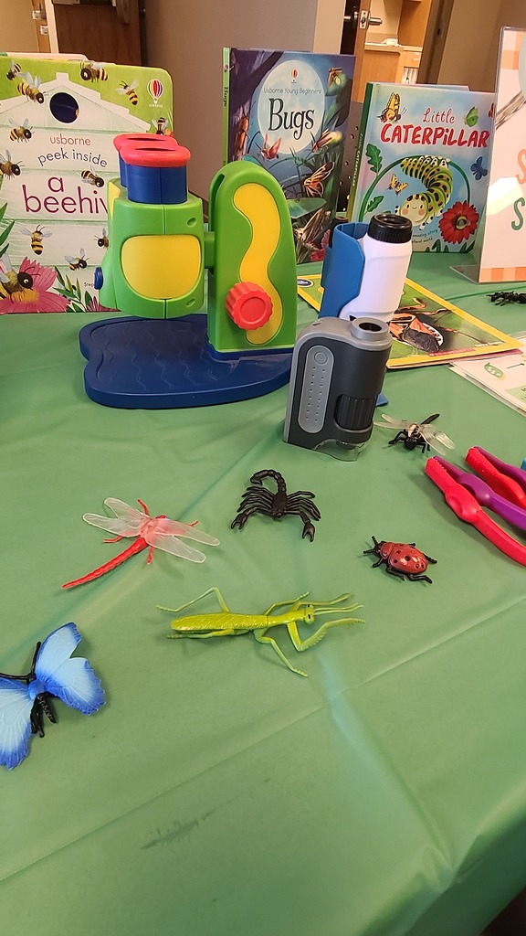 Toy microscopes and plastic bug figurines displayed on a green table with nature books