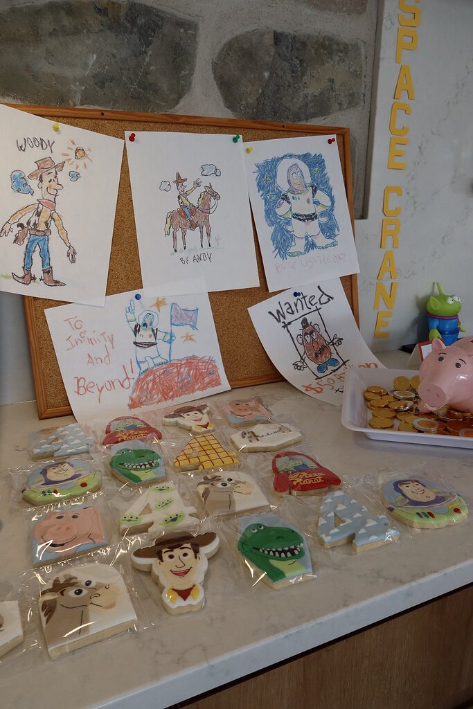 Toy Story themed decorated cookies representing characters like Woody, Buzz Lightyear, and Rex with drawings.