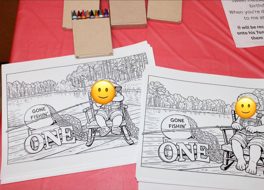 Gone Fishin' first birthday themed coloring pages with small boxes of crayons on a table.